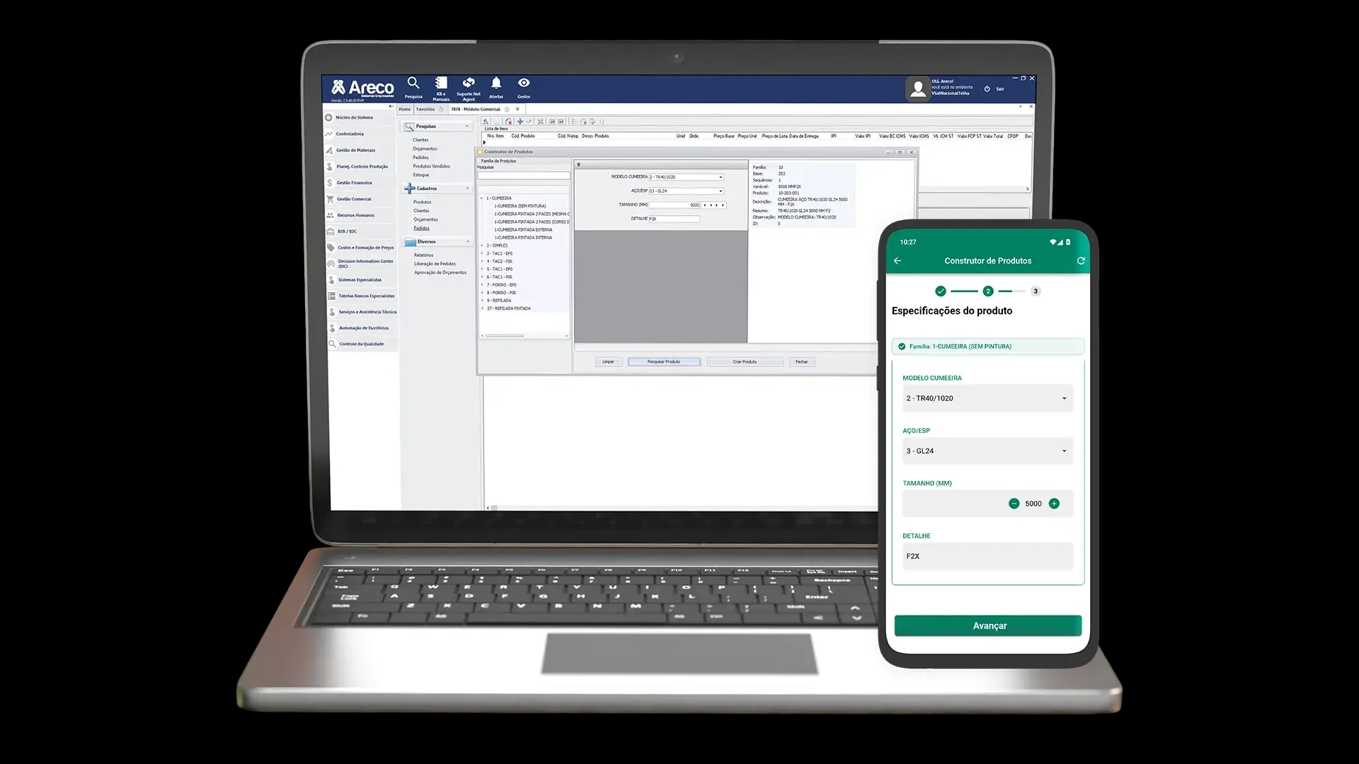 Elemento alfanumérico no Construtor de Produtos do VSat ERP e no MobSales